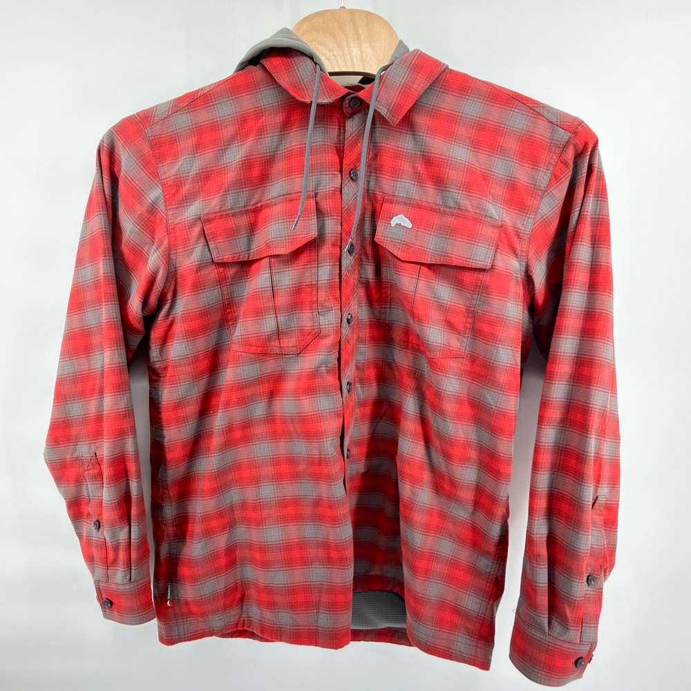 Simms Mens Large Coldweather Waffle Fleece Lined Flannel Hoody Red Plaid Fishing